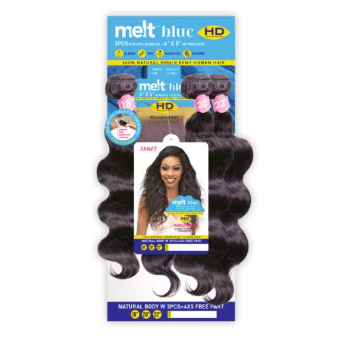 Janet Collection Virgin Remy Human Hair Melt Blue Natural Body 3pcs with 4X5 HD Free Part Lace Frontal Closure